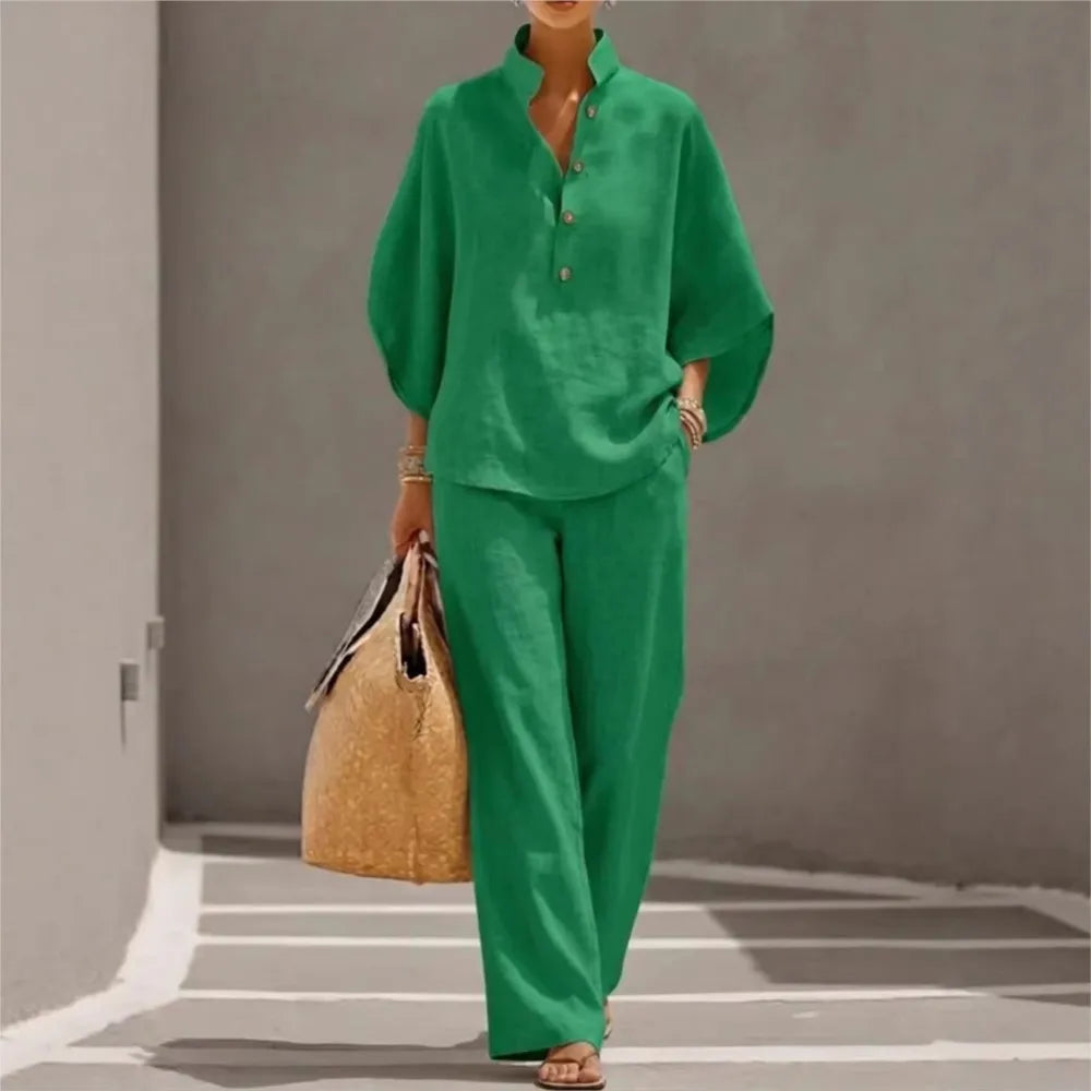 Fashion Algodón y Lino Cuello Con Botones 9 Manga 3 / 4 Loose Women's 2- Piece Suit Casual Primavera Pantalón Pierna Ancha Conjunto Mujer