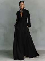 Vestido Maxi Minimalista de Algodón e Lino Con Patchwork, Cuello Alzato e Maniche Largas