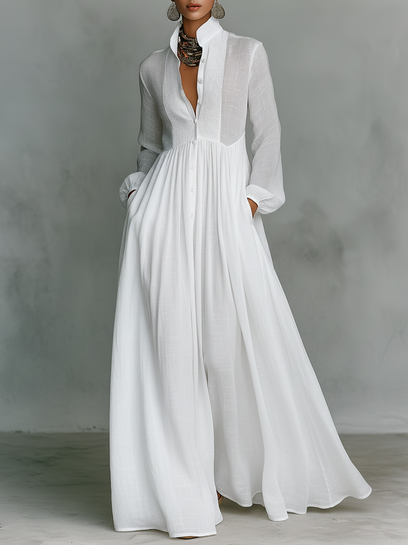 Vestido Maxi Minimalista de Algodón e Lino Con Patchwork, Cuello Alzato e Maniche Largas