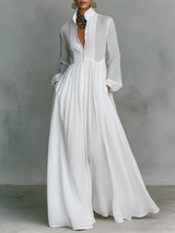 Vestido Maxi Minimalista de Algodón e Lino Con Patchwork, Cuello Alzato e Maniche Largas