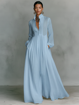 Vestido Maxi Minimalista de Algodón e Lino Con Patchwork, Cuello Alzato e Maniche Largas