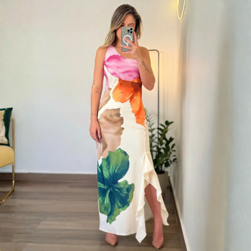 Vestido Satén Floral Asimétrico