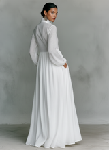 Vestido Maxi Minimalista de Algodón e Lino Con Patchwork, Cuello Alzato e Maniche Largas