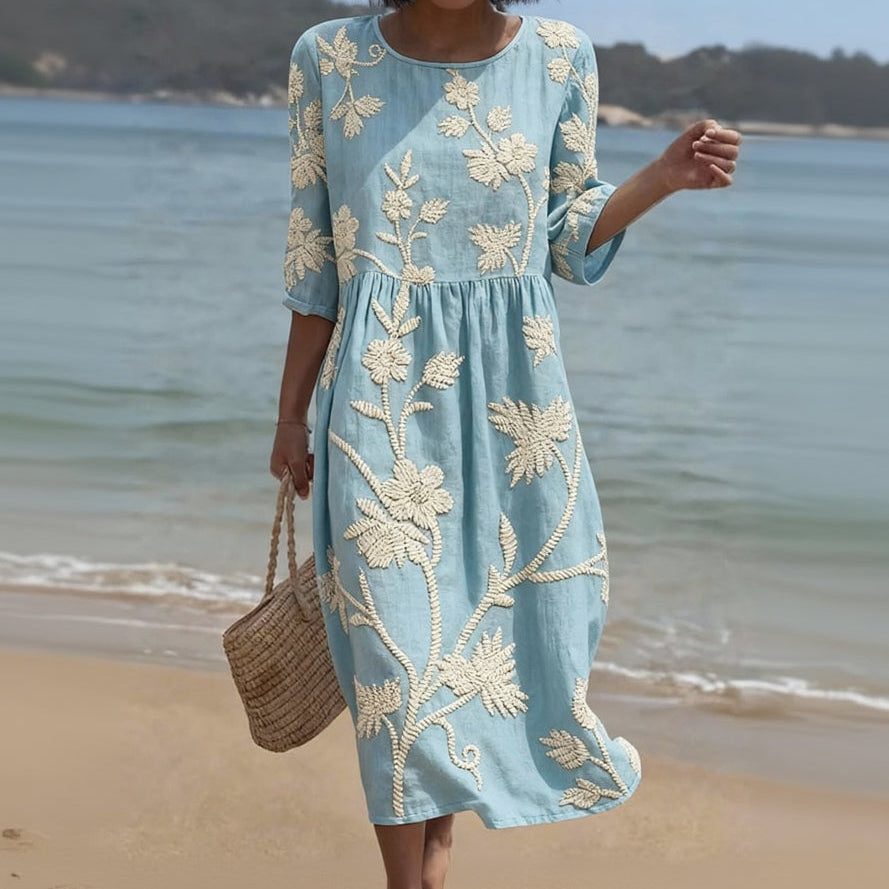 Noemi | Vestido Midi Bordado Con Maniche