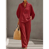 Fashion Algodón y Lino Cuello Con Botones 9 Manga 3 / 4 Loose Women's 2- Piece Suit Casual Primavera Pantalón Pierna Ancha Conjunto Mujer