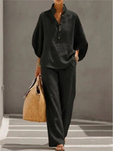 Fashion Algodón y Lino Cuello Con Botones 9 Manga 3 / 4 Loose Women's 2- Piece Suit Casual Primavera Pantalón Pierna Ancha Conjunto Mujer