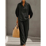 Fashion Algodón y Lino Cuello Con Botones 9 Manga 3 / 4 Loose Women's 2- Piece Suit Casual Primavera Pantalón Pierna Ancha Conjunto Mujer