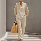 Fashion Algodón y Lino Cuello Con Botones 9 Manga 3 / 4 Loose Women's 2- Piece Suit Casual Primavera Pantalón Pierna Ancha Conjunto Mujer