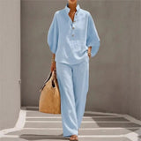 Fashion Algodón y Lino Cuello Con Botones 9 Manga 3 / 4 Loose Women's 2- Piece Suit Casual Primavera Pantalón Pierna Ancha Conjunto Mujer