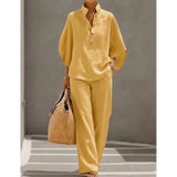 Fashion Algodón y Lino Cuello Con Botones 9 Manga 3 / 4 Loose Women's 2- Piece Suit Casual Primavera Pantalón Pierna Ancha Conjunto Mujer
