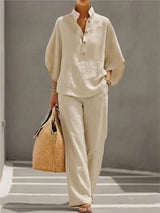 Fashion Algodón y Lino Cuello Con Botones 9 Manga 3 / 4 Loose Women's 2- Piece Suit Casual Primavera Pantalón Pierna Ancha Conjunto Mujer