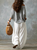 Grey Off- Shoulder Top And White Loose- Fitting Pantalón Farolillo Suit