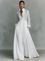 Vestido Maxi Minimalista de Algodón e Lino Con Patchwork, Cuello Alzato e Maniche Largas