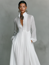 Vestido Maxi Minimalista de Algodón e Lino Con Patchwork, Cuello Alzato e Maniche Largas